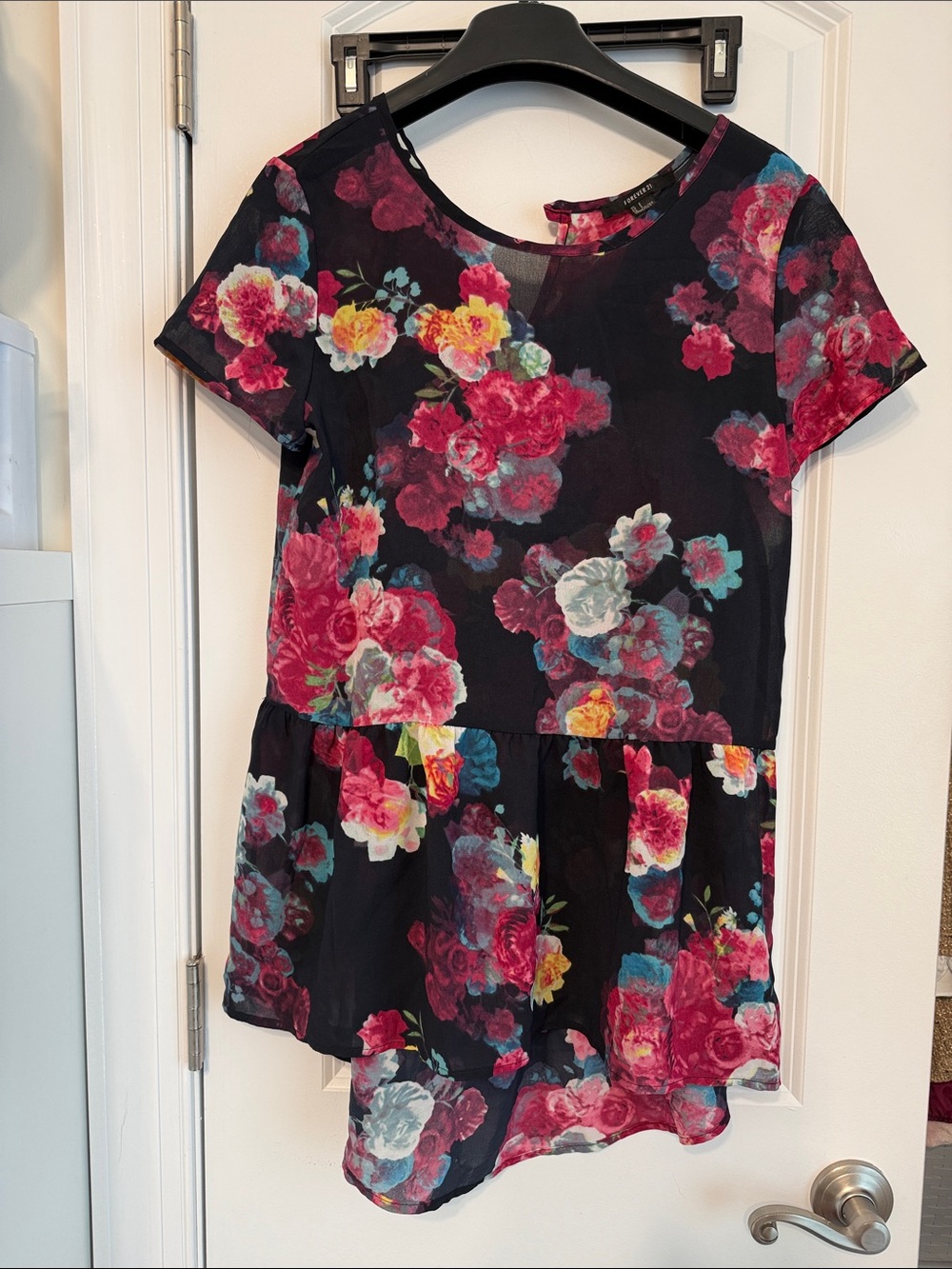 Forever 21 Black Floral Tiered Chiffon Skirt with Bright Blooms